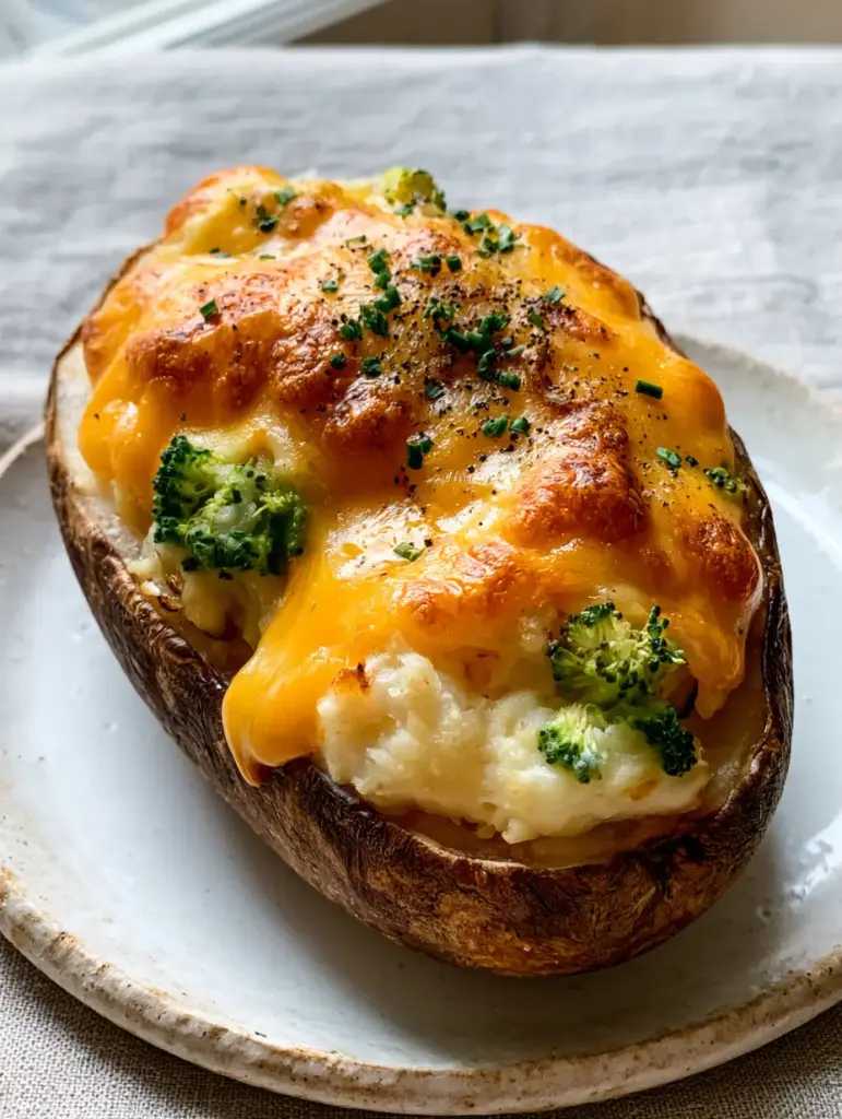 Broccoli and Cheese Twice Baked Potatoes: The Ultimate Crispy & Fluffy Comfort Food 1 A close-up view of a Broccoli and Cheese Twice Baked Potato showing the gooey cheese pull and crispy skin.