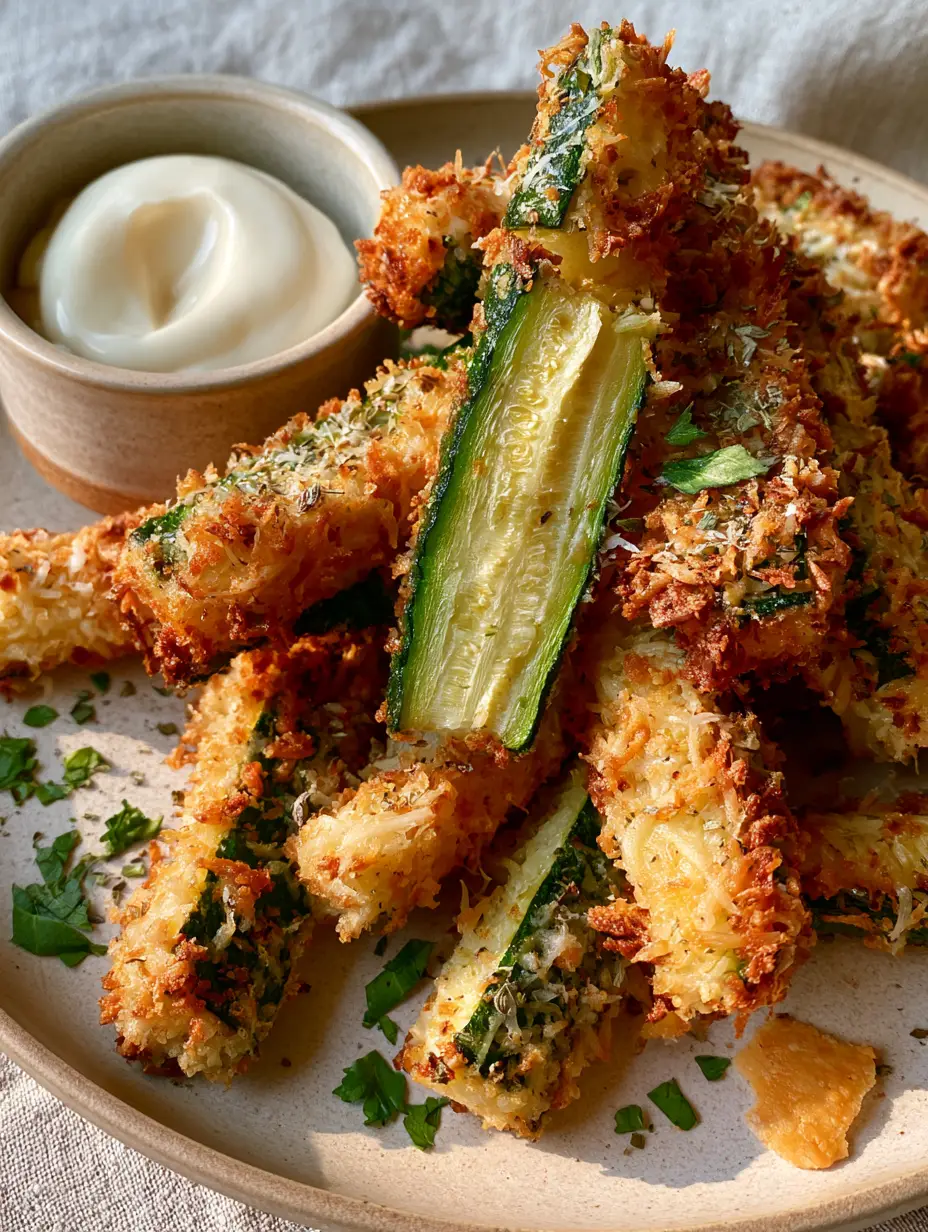 Close-up of golden brown toasted panko and melted parmesan cheese on zucchini spears showing deep textures. (parmesan zucchini rings)