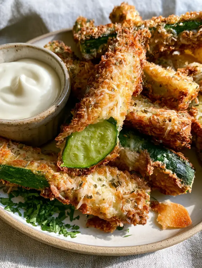 A pile of parmesan zucchini rings on a linen background, one spear broken to reveal a moist green interior.