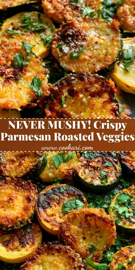 Oven Roasted Zucchini and Squash with Crispy Parmesan Crust 3 A top-down view of Oven Roasted Zucchini and Squash rounds with charred edges and a lacy parmesan crust on a dark sheet pan.