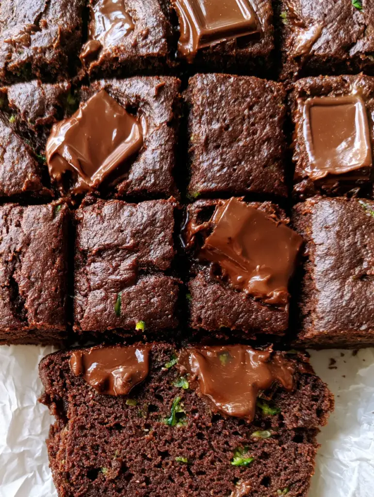 Macro shot of double chocolate zucchini bread showing the dense mahogany crumb and vibrant green zucchini flecks.