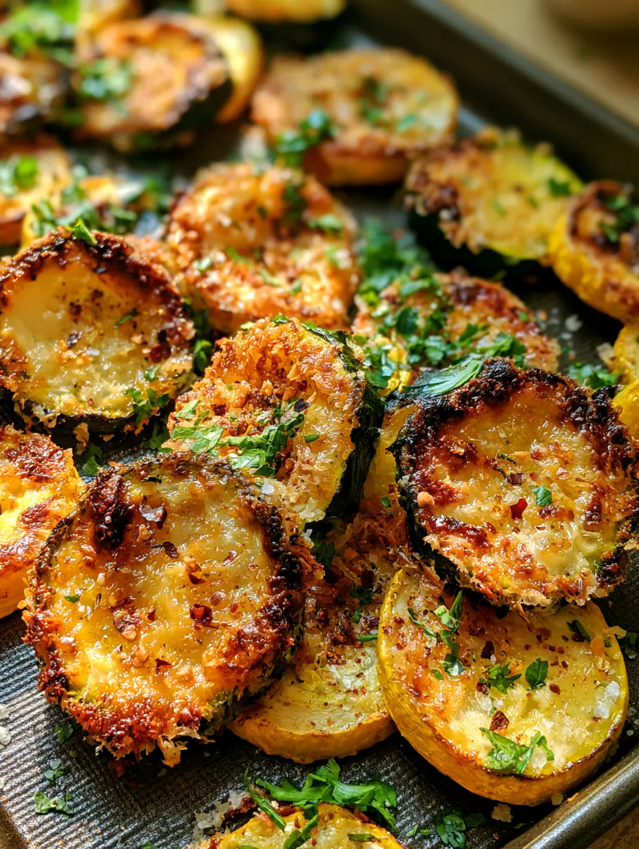 Oven Roasted Zucchini and Squash with Crispy Parmesan Crust 4 Detailed shot of Oven Roasted Zucchini and Squash showing deep caramelization and lacy parmesan cheese edges.