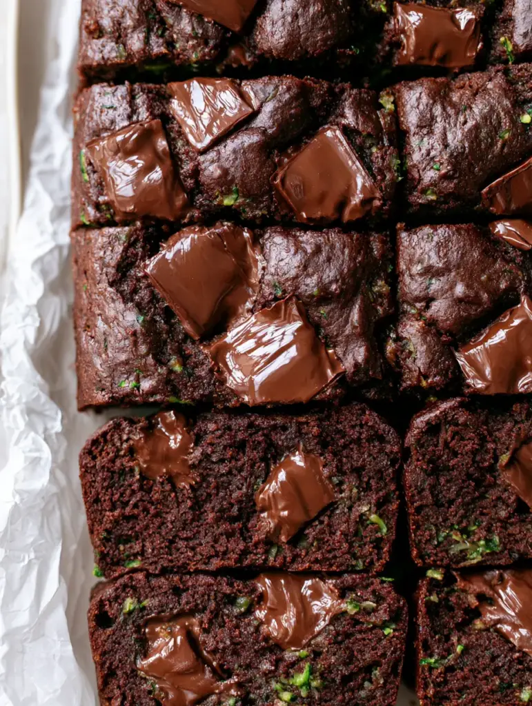 Top-down view of double chocolate zucchini bread slices arranged on crinkled parchment paper with melted chocolate chunks.