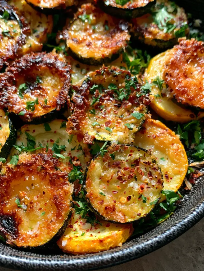 Oven Roasted Zucchini and Squash with Crispy Parmesan Crust 1 Oven Roasted Zucchini and Squash garnished with fresh parsley and red pepper flakes on a textured pan.