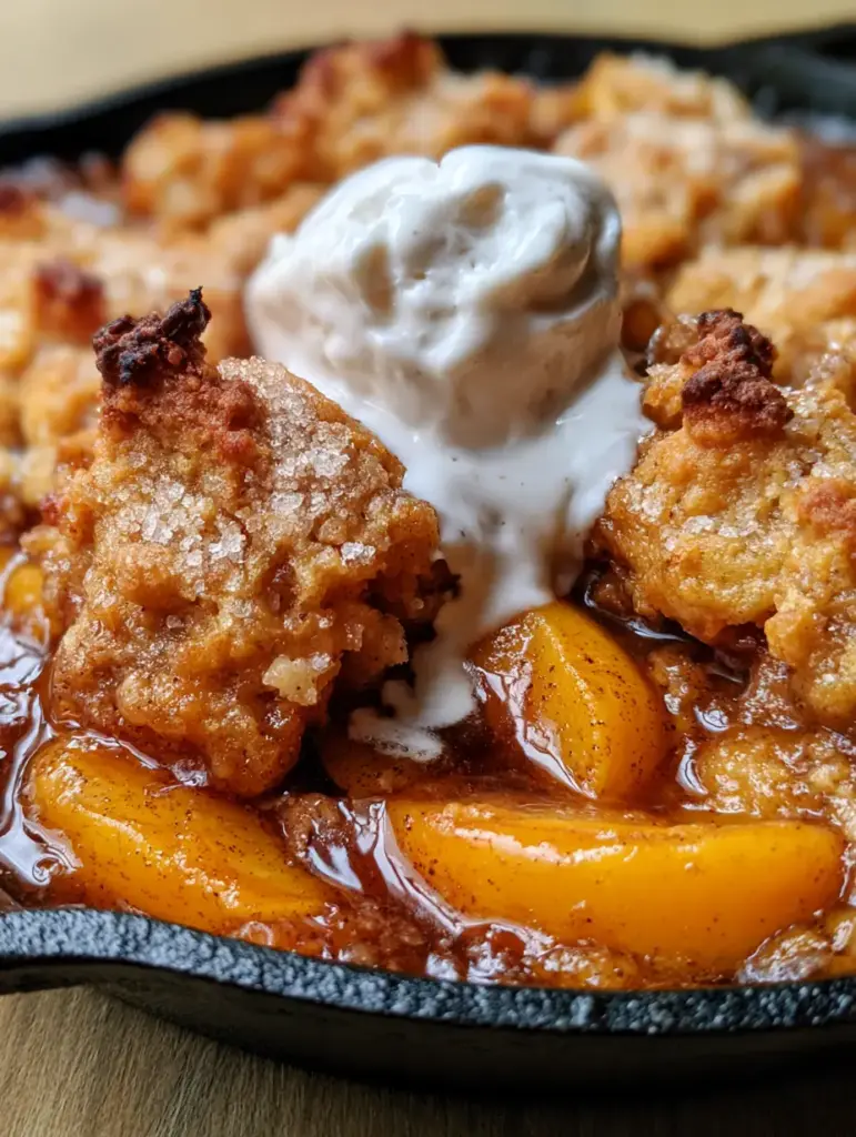 Close-up of a melting scoop of vegan vanilla ice cream on a Vegan Peach Cobbler crust.
