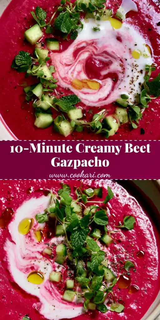 A vibrant magenta beet gazpacho topped with a white coconut cream swirl, micro-mint, and diced cucumber in a ceramic bowl.