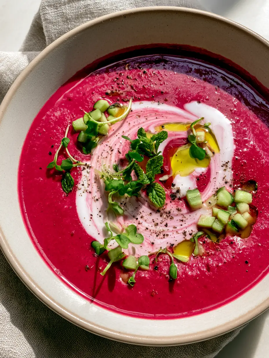 Top-down view of glossy beet gazpacho showing the high-contrast coconut cream swirl and micro-herb garnishes.