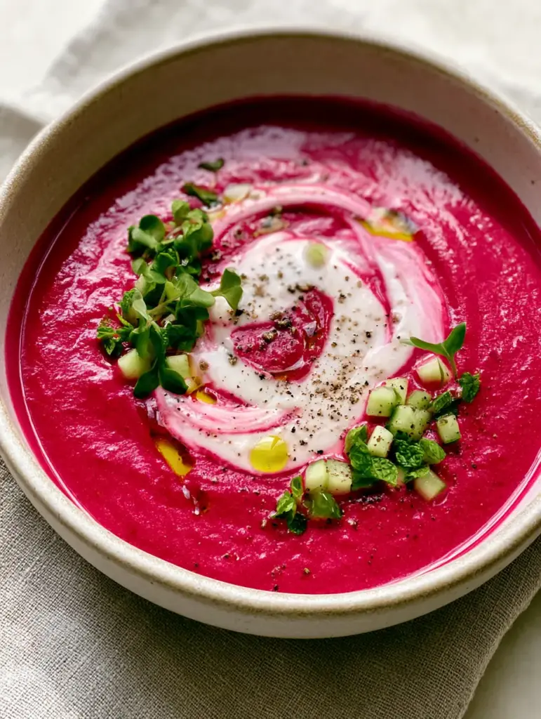 Close-up of beet gazpacho garnishes including lemon zest, cracked black pepper, and extra virgin olive oil droplets.