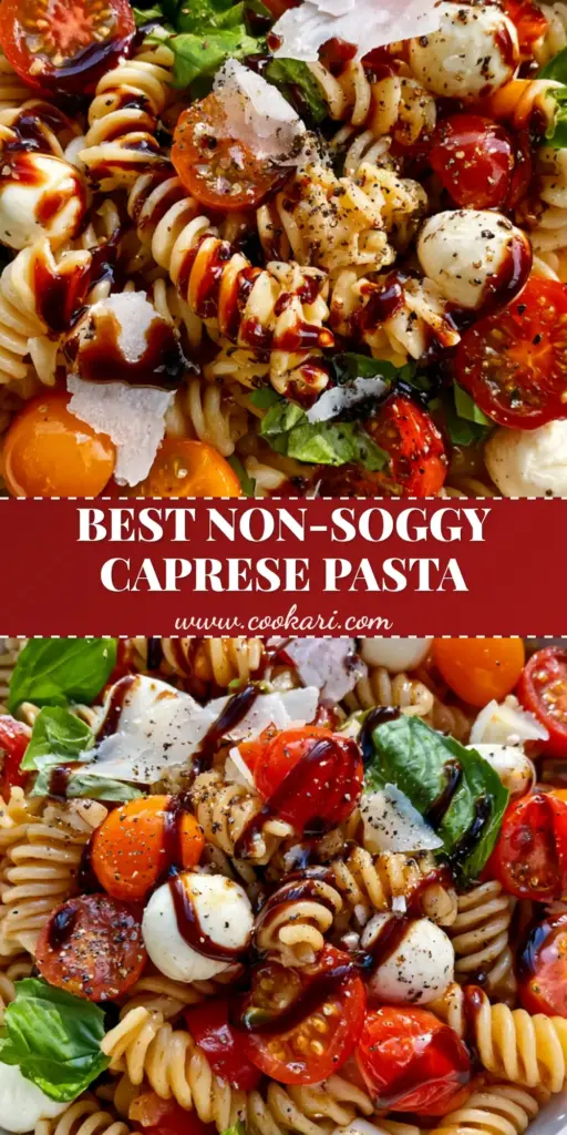 Caprese Pasta Salad Recipe with Glossy Balsamic Glaze 4 A top-down view of a gourmet Caprese Pasta Salad Recipe in a white bowl featuring glossy balsamic glaze, rotini, and fresh basil.
