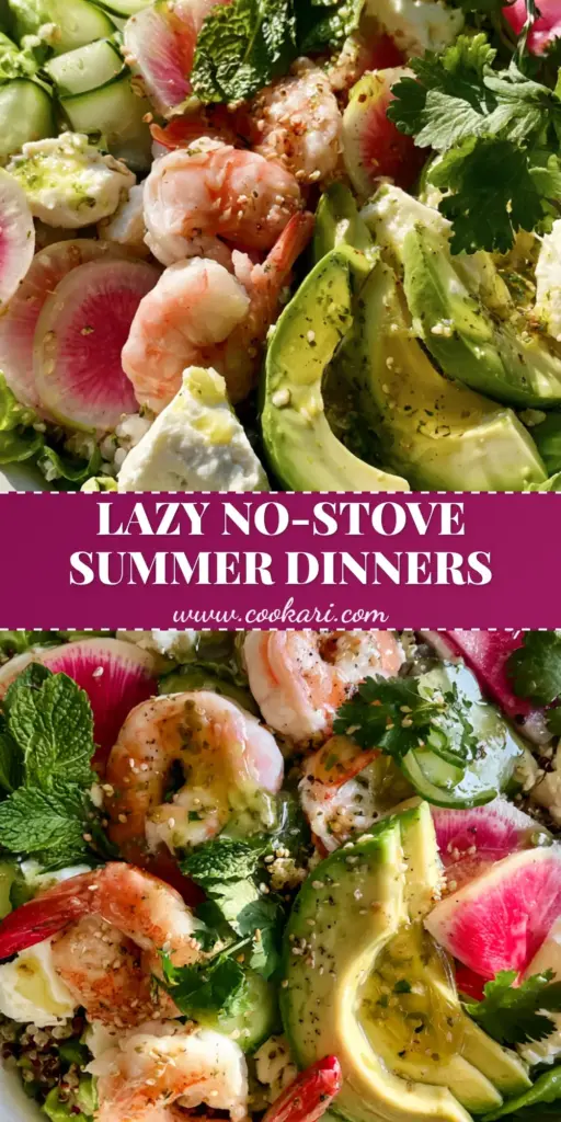 A vibrant Mediterranean Mezze bowl with chilled poached shrimp, avocado, and watermelon radish (fresh summer recipes).