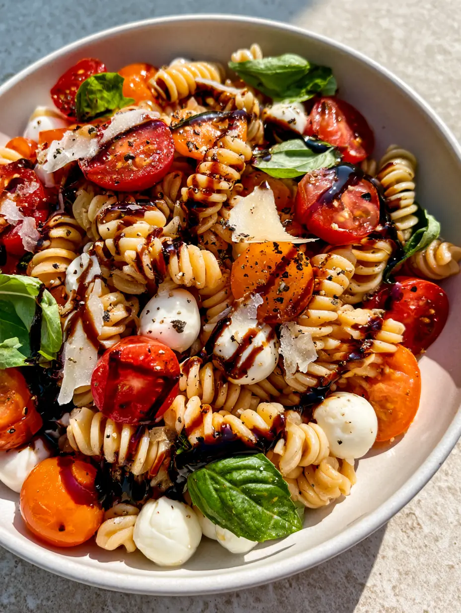 Caprese Pasta Salad Recipe with Glossy Balsamic Glaze 3 Close up shot of al dente rotini, creamy mozzarella pearls, and halved heirloom tomatoes for a Caprese Pasta Salad Recipe.