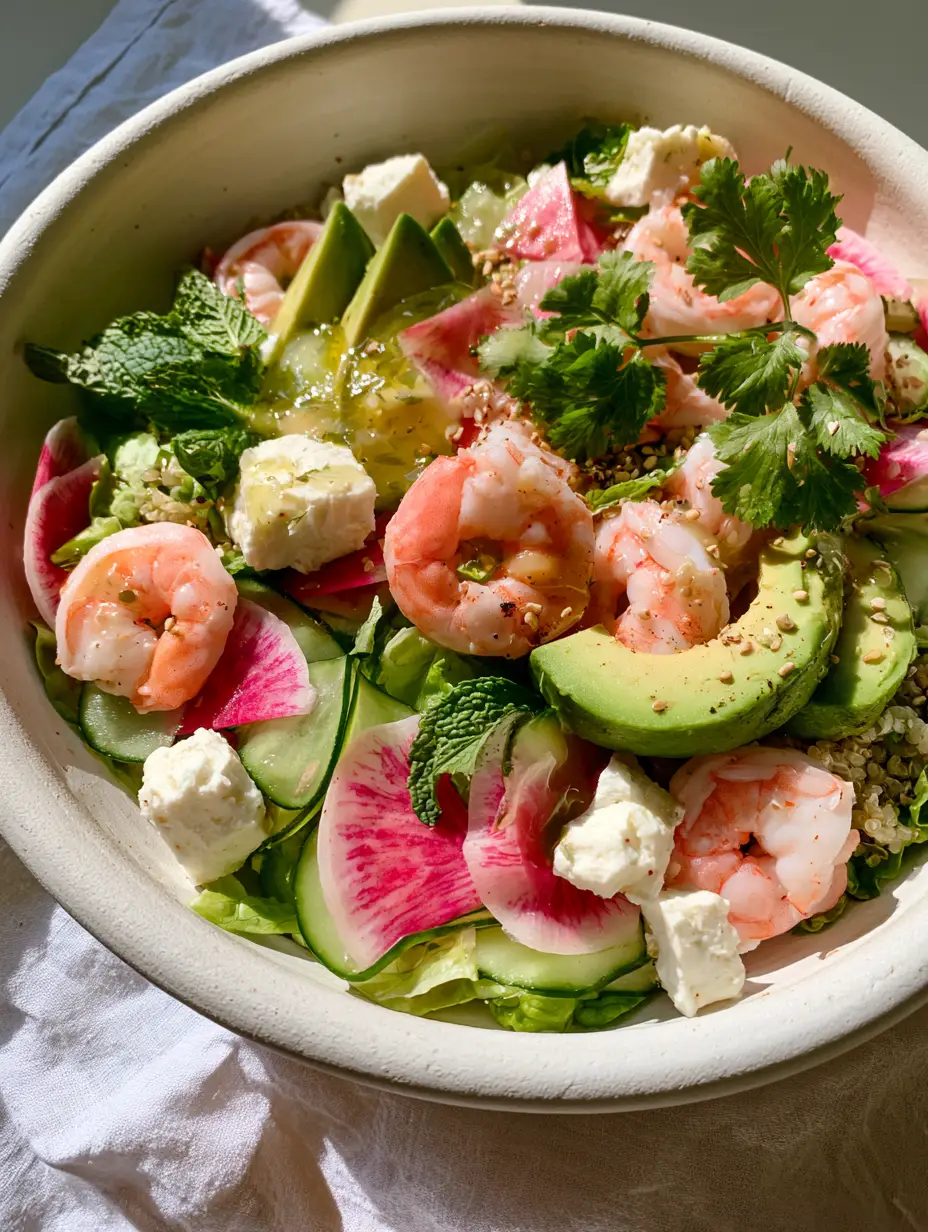 High-angle view of a fresh summer recipe bowl with succulent shrimp and translucent cucumber ribbons (fresh summer recipes).