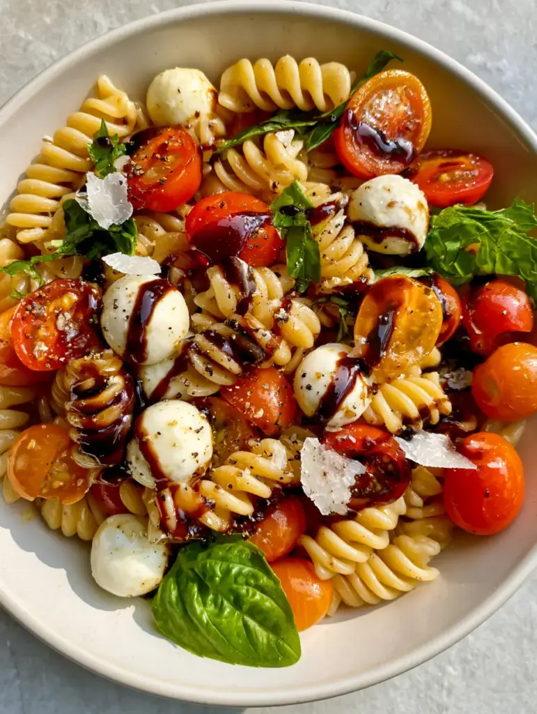 Caprese Pasta Salad Recipe with Glossy Balsamic Glaze 1 High angle photo of mahogany balsamic glaze ribbons drizzled over a fresh Caprese Pasta Salad Recipe.