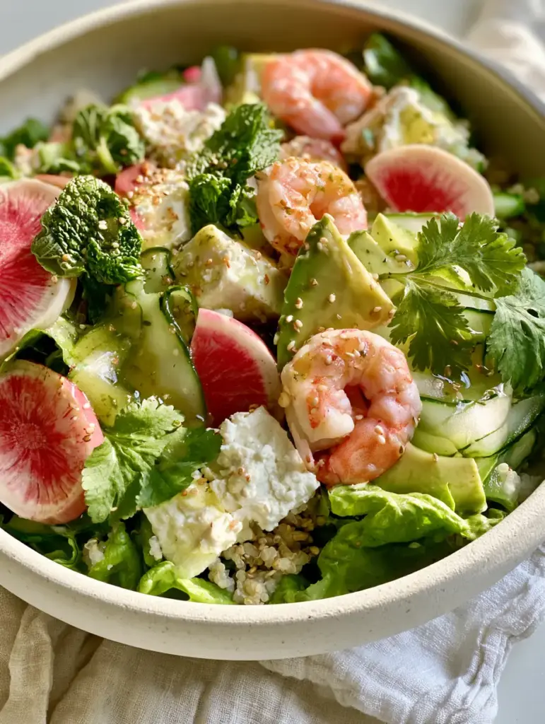 Close up of watermelon radish and creamy feta in a Mediterranean bowl (fresh summer recipes).