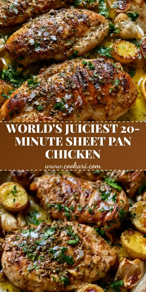 A high-angle close-up of garlic herb chicken on a zinc sheet pan with glistening butter, blistered gold potatoes, and charred lemons.