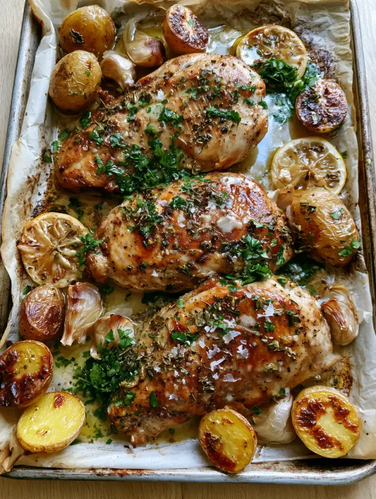 Close up of deep golden-brown seared chicken breasts with herb butter glaze and roasted garlic cloves. (garlic herb chicken)