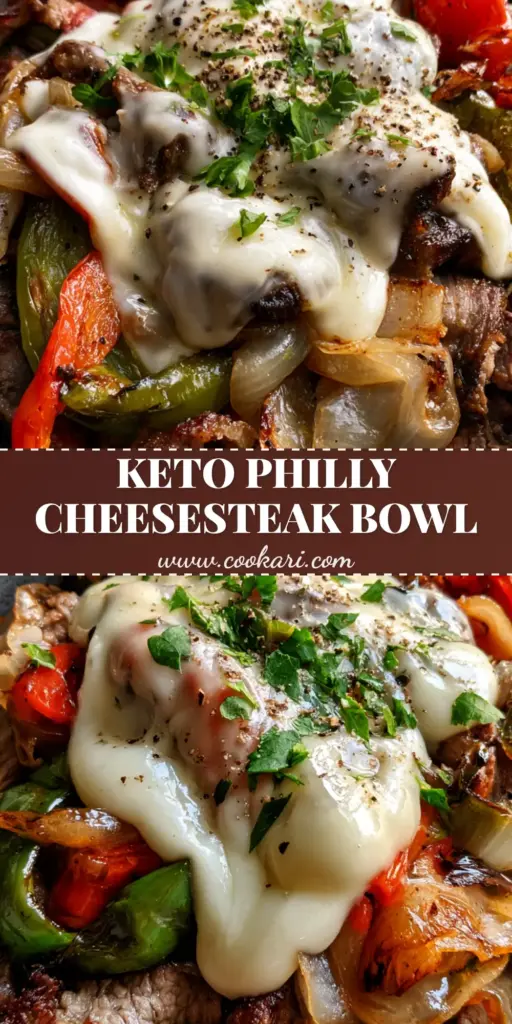Philly Cheesesteak Bowls: The Ultimate Low-Carb Comfort Dinner 3 A gourmet Philly Cheesesteak Bowl featuring seared shaved ribeye steak, blistered bell peppers, and melted provolone cheese sauce in a matte charcoal ceramic bowl.
