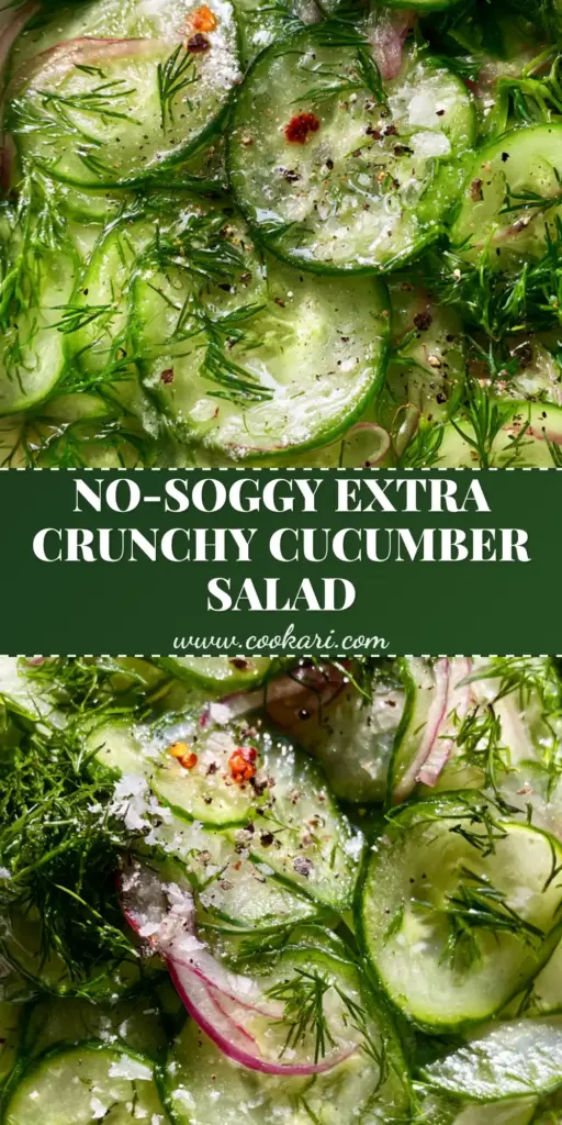 A top-down view of a cucumber vinegar salad in a white bowl with visible sea salt and dill.