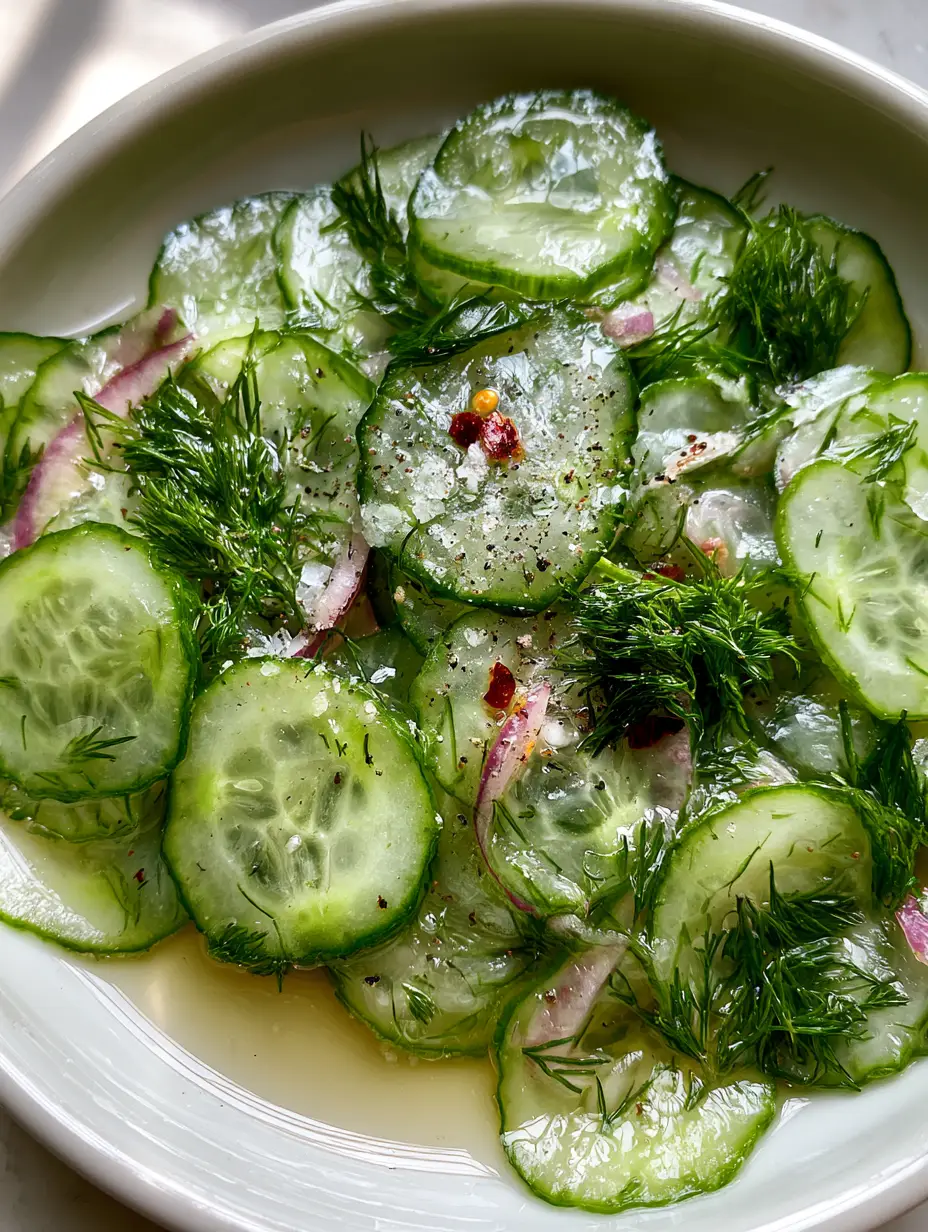 Macro shot showing translucent slices of Persian cucumbers and red onion in a glossy cucumber vinegar salad.