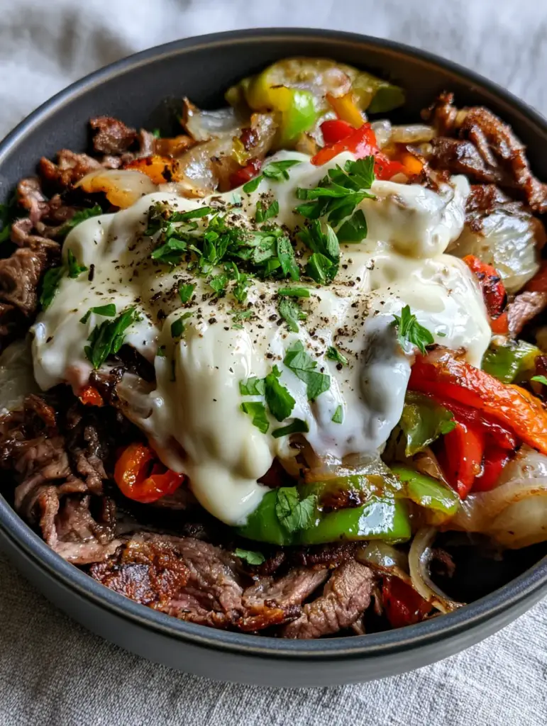 Close-up shot of seared shaved ribeye steak and blistered green bell peppers in a Philly Cheesesteak Bowl.