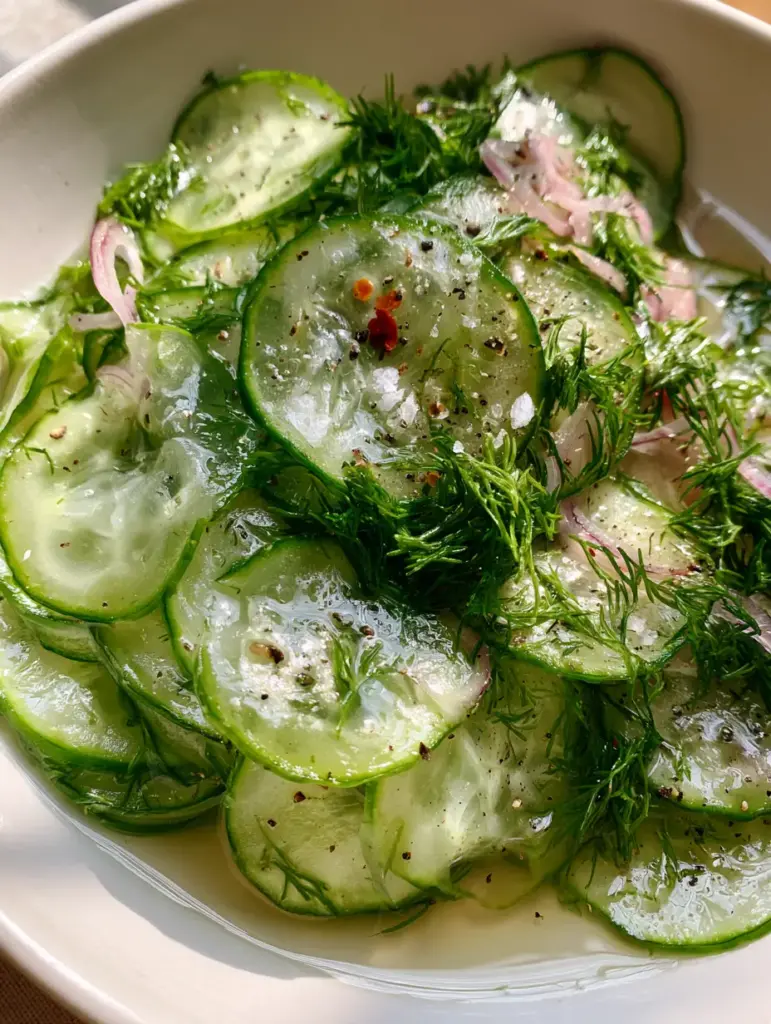 A minimalist white ceramic bowl filled with vibrant cucumber vinegar salad and fresh dill.