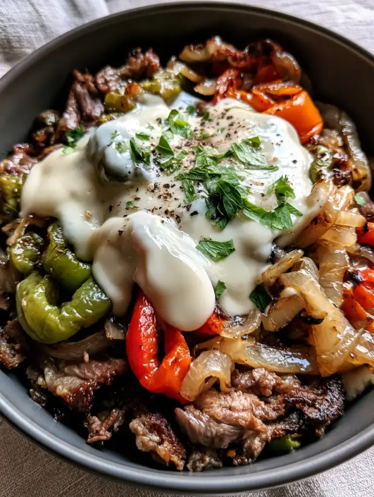 Philly Cheesesteak Bowls: The Ultimate Low-Carb Comfort Dinner 1 A top-down view of thick glossy provolone cheese sauce drizzled over charred red bell peppers and steak.