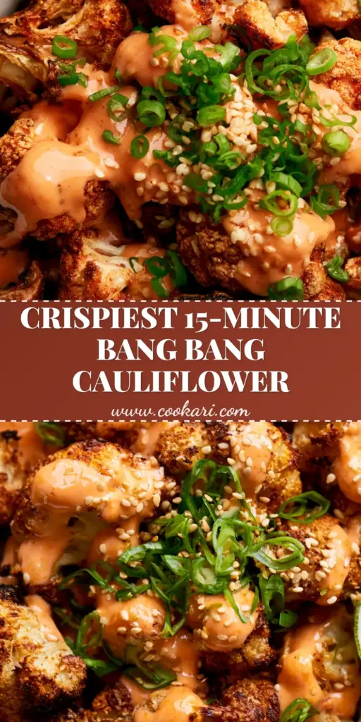 A close-up of extra-crispy Bang Bang cauliflower in a ceramic bowl, featuring charred edges and a creamy orange sauce drizzle.