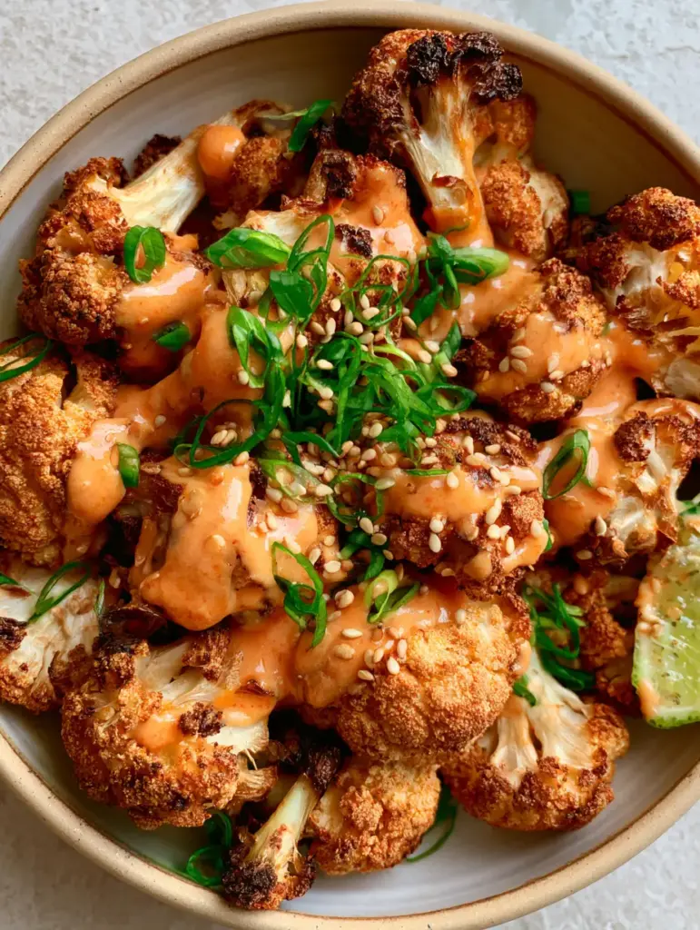 Top-down view of golden-brown air-fried Bang Bang cauliflower with cornstarch crunch textures and scallion garnish.