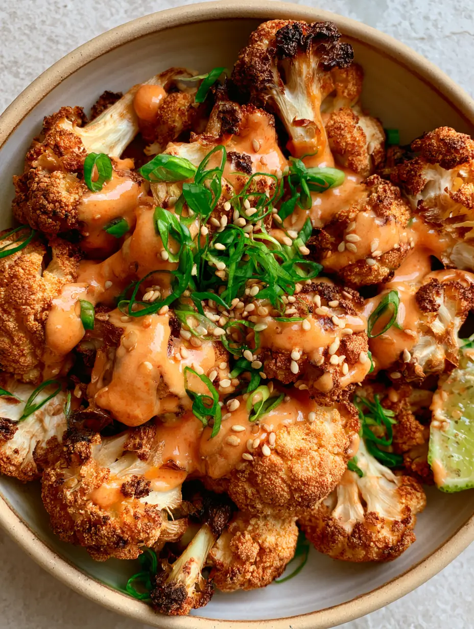Top-down view of golden-brown air-fried Bang Bang cauliflower with cornstarch crunch textures and scallion garnish.