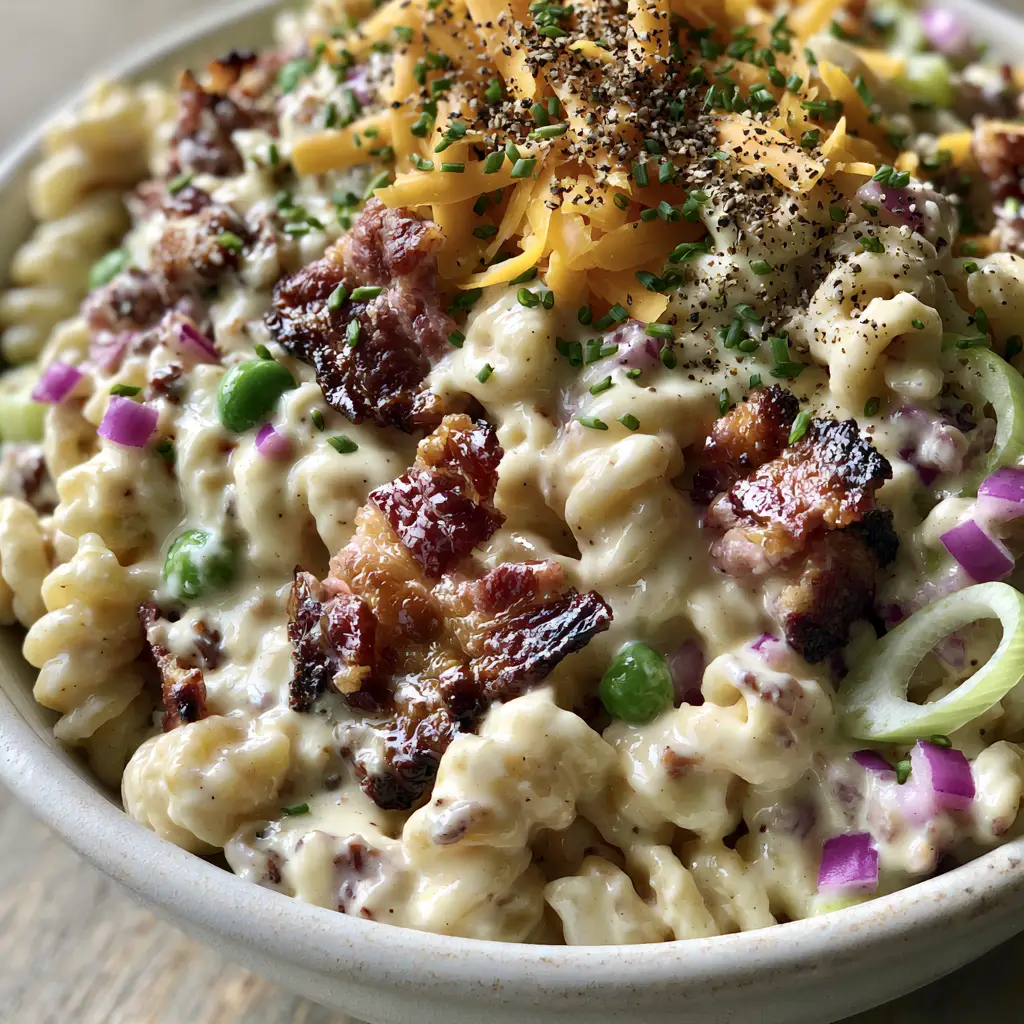 High-angle shot of rotini pasta salad with shredded cheddar and vibrant green peas.