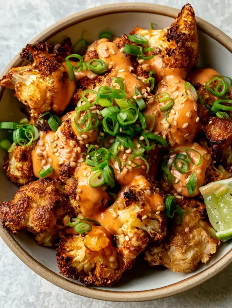 Close up of creamy orange-pink bang-bang sauce glistening on charred cauliflower florets with sesame seeds.