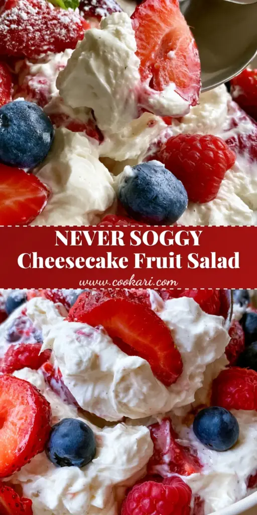 A close-up of cheesecake fruit salad in a white bowl showing thick whipped cream peaks, strawberries, blueberries, and a silver spoon. (cheesecake fruit salad)