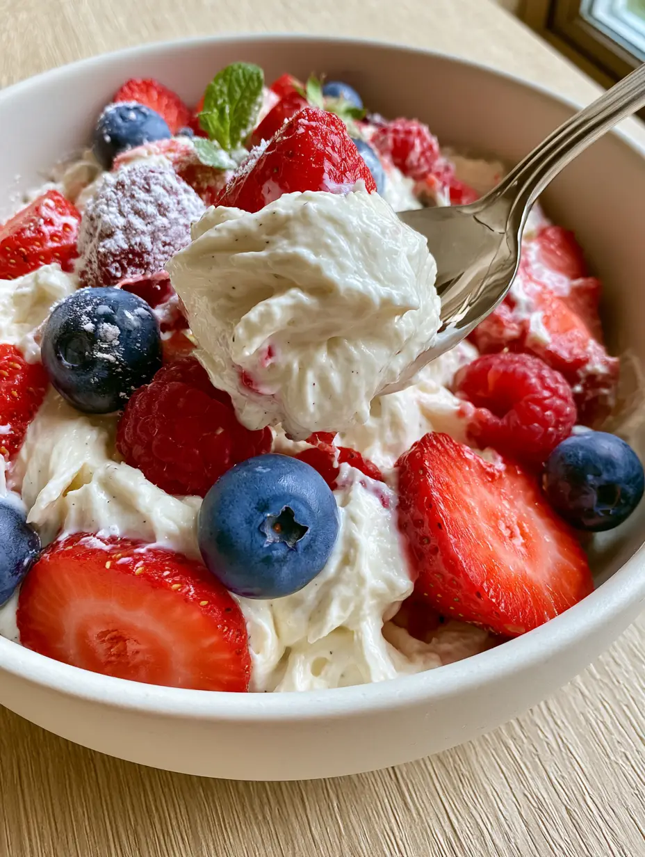 Macro shot of vanilla bean specks in a thick whipped cream cheese base with fresh strawberries and raspberries. (cheesecake fruit salad)