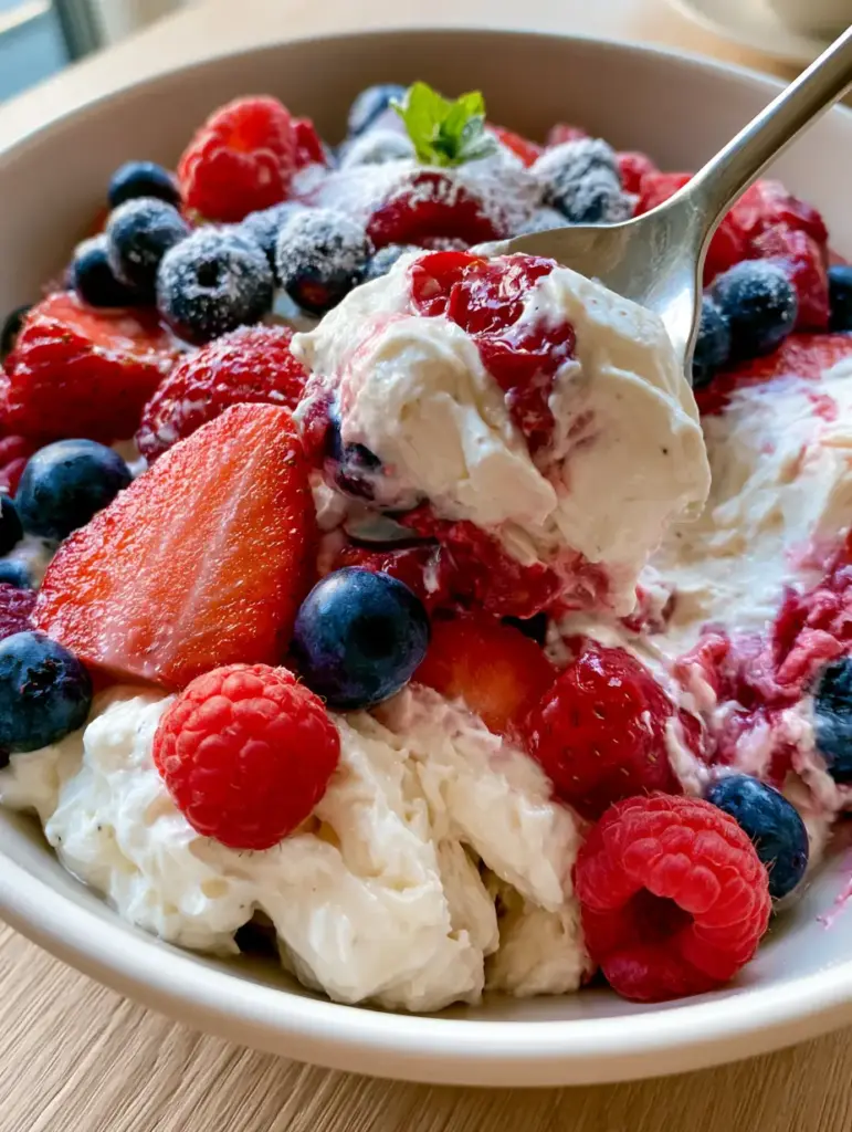 A silver spoon lifting a dollop of cheesecake fruit salad showing blueberries and strawberries clinging to the thick cream.