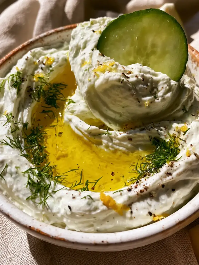 Macro close-up of cucumber dip showing dense texture, golden olive oil pool, and cracked black peppercorns. (cucumber dip)