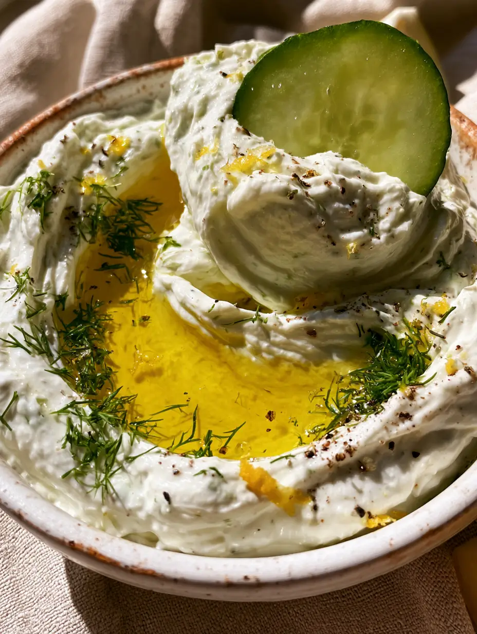 Macro close-up of cucumber dip showing dense texture, golden olive oil pool, and cracked black peppercorns. (cucumber dip)