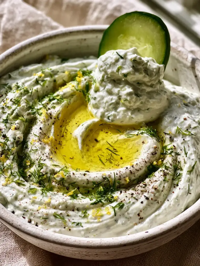 A chilled cucumber slice submerged in a thick mountain of cucumber dip to demonstrate density and zero liquid separation.