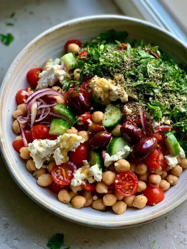 Close-up of a Mediterranean Vegan summer salad with chickpeas, halved cherry tomatoes, and creamy vegan feta.