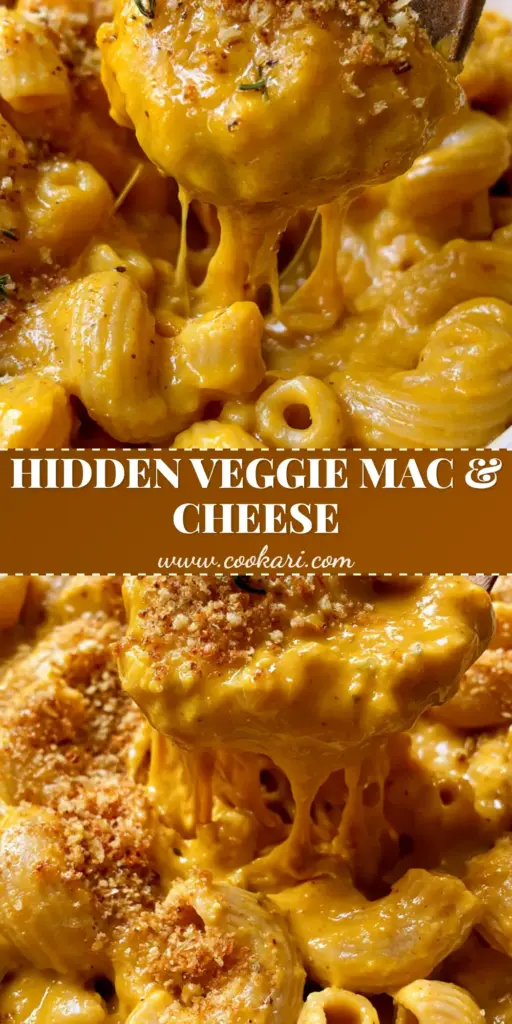 A close-up shot of Veggie Mac and Cheese in a white bowl with a wooden spoon lifting a creamy, golden-orange scoop.