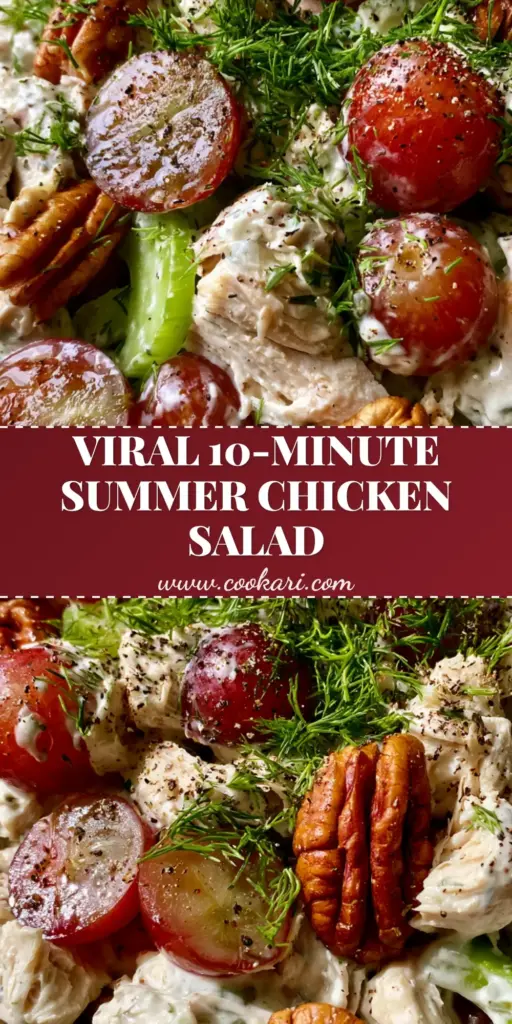 A close-up vertical shot of a Summer Chicken Salad in a white bowl, showing shredded chicken, red grapes, and pecans topped with fresh dill.