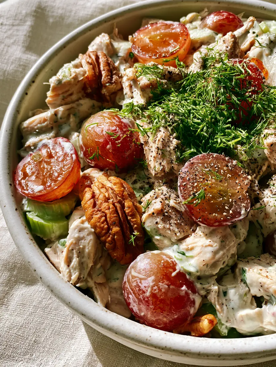 High-angle view of a creamy Summer Chicken Salad in a rustic white ceramic bowl on a linen tablecloth.
