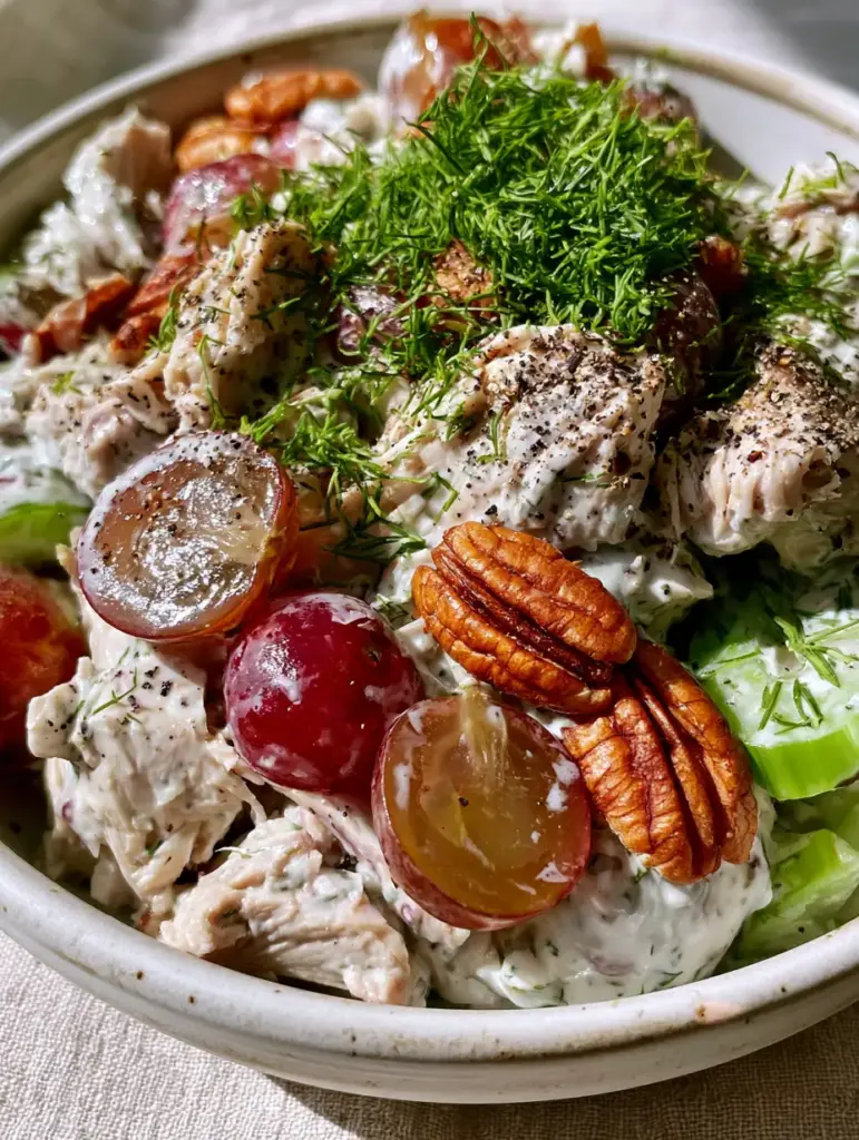 Detailed close-up of Summer Chicken Salad showing the texture of shredded rotisserie chicken and jewel-toned grapes.