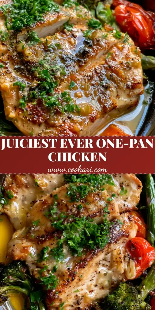 A vertical photo of a rustic cast iron skillet containing thick slices of seared golden-brown chicken breast, charred broccoli, and blistered cherry tomatoes in a garlic butter sauce. (chicken dinner recipe)