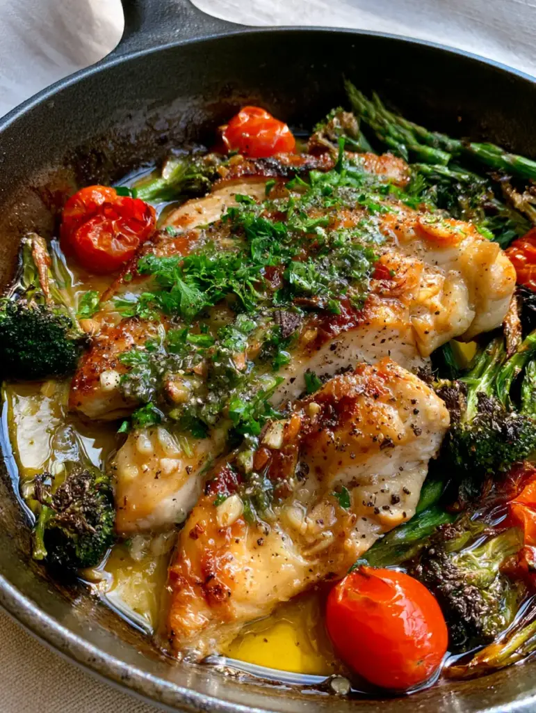Close up of seared chicken breast slices dripping with translucent garlic butter sauce and minced garlic. (chicken dinner recipe)