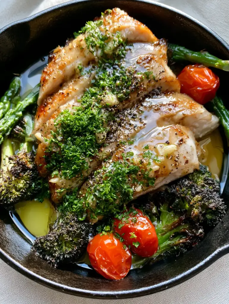 A rustic black skillet filled with roasted asparagus, charred broccoli, and blistered cherry tomatoes alongside sliced chicken.