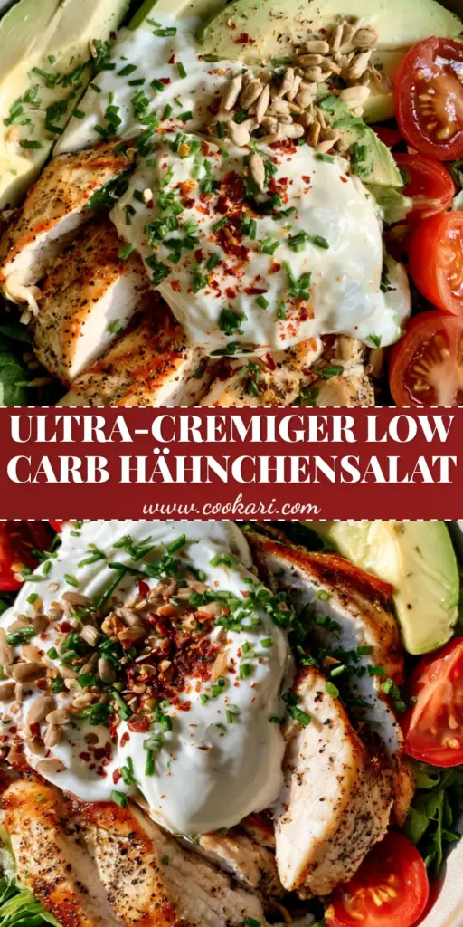 Ein köstlicher Hähnchensalat in einer Schüssel mit Avocado, Tomaten und Joghurt-Dressing. (Hähnchensalat Rezept)