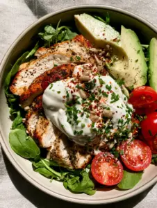 Nahaufnahme eines Gourmet-Hähnchensalats mit goldbraun gebratenen Hähnchenstreifen und Avocadospalten. (Hähnchensalat Rezept)
