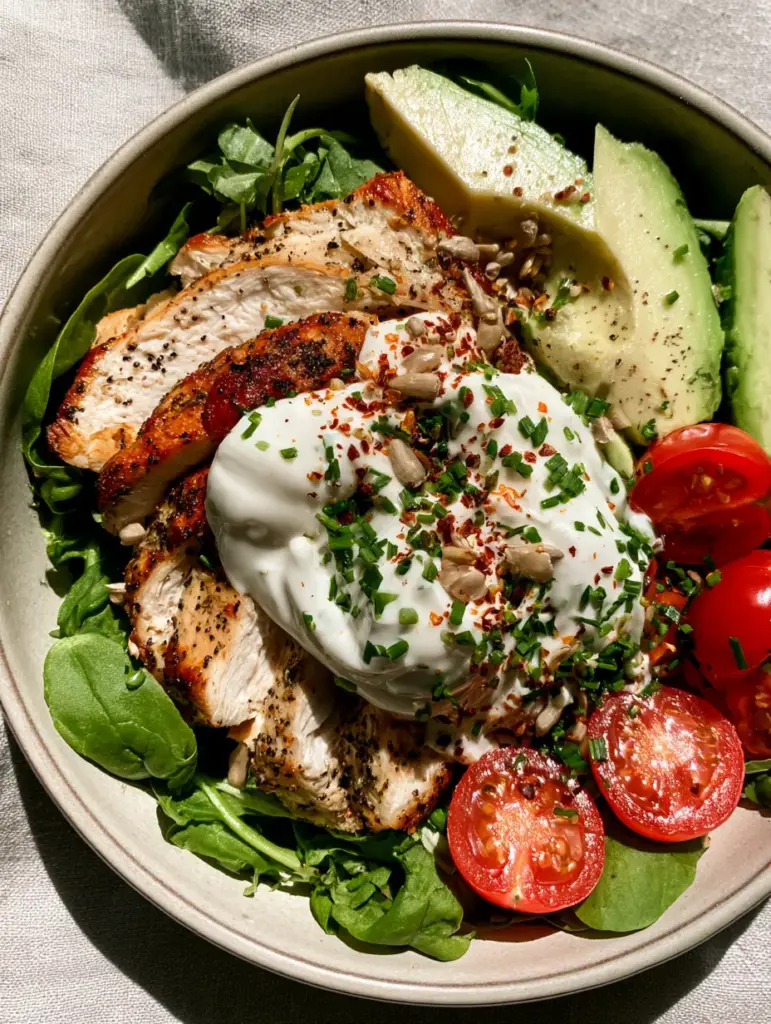 Nahaufnahme eines Gourmet-Hähnchensalats mit goldbraun gebratenen Hähnchenstreifen und Avocadospalten. (Hähnchensalat Rezept)