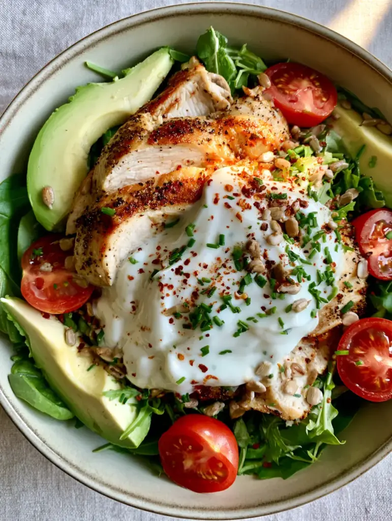 Draufsicht auf einen frischen Salat mit Hähnchen, Spinat, Rucola und Sonnenblumenkernen.
